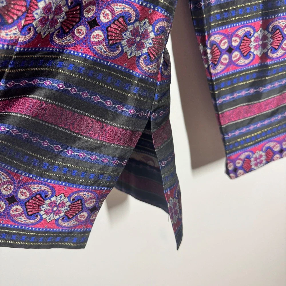 Talbots Silk Metallic Paisley Stripe Mandarin Collar Jacket Blue Purple Women 12